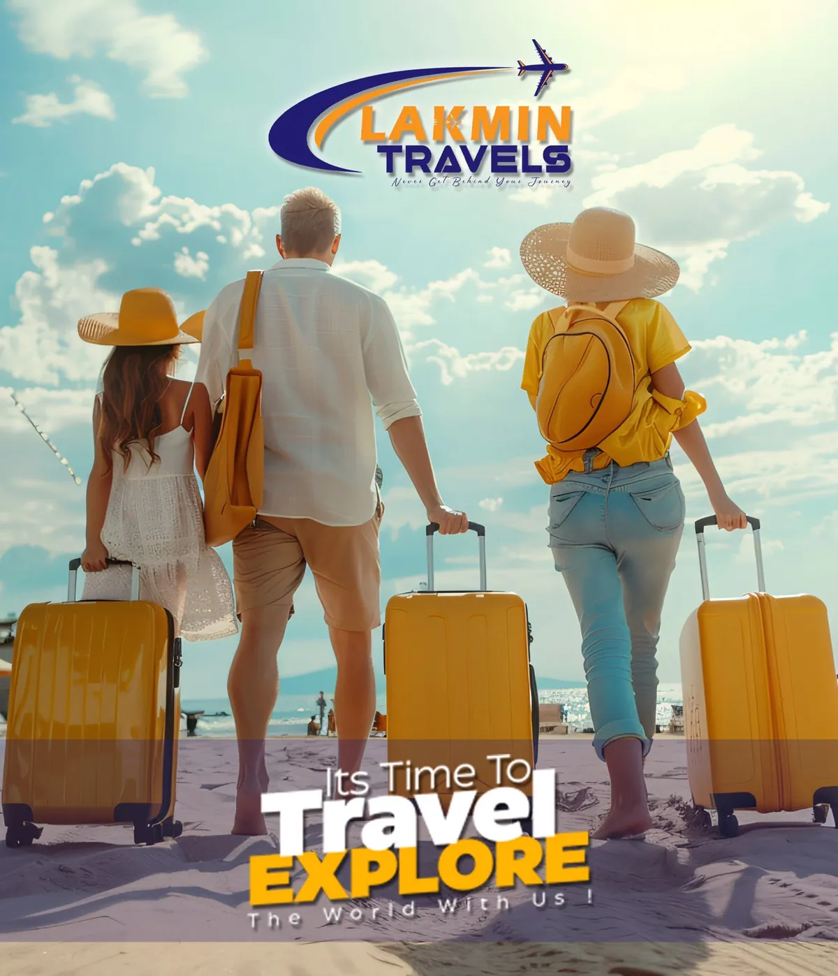 Travellers with yellow suitcases on a beach