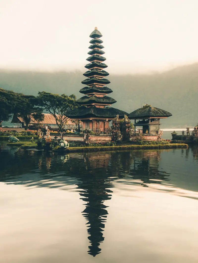 Ulun Danu Beratan temple reflected in a Bali lake