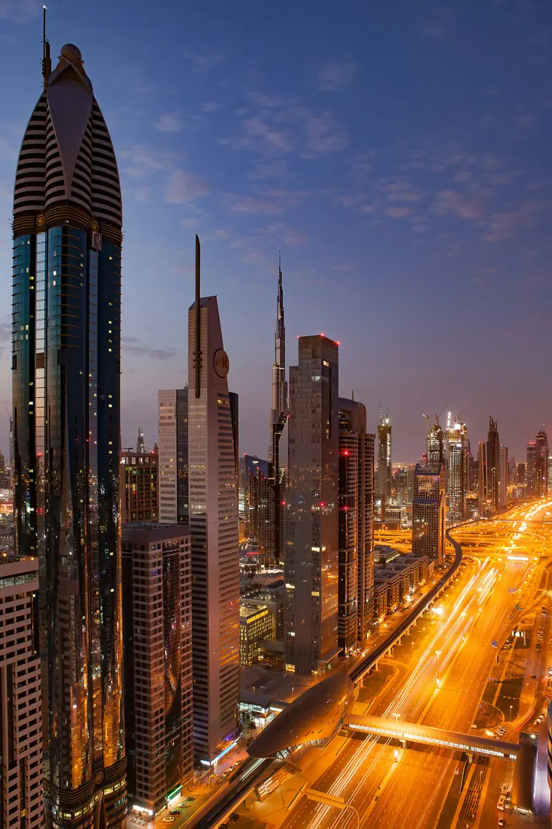Sheikh Zayed Road and the Dubai skyline at night